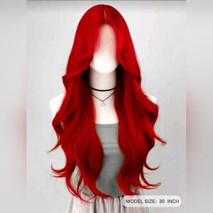 30 Inch Red Long Wavy Middle Part Synthetic Hair Wig